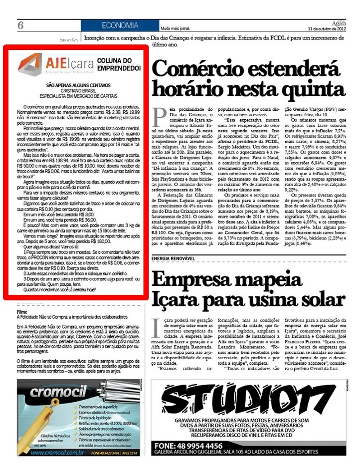 Coluna de Cristiano Brasil no Jornal Agora de Içara
