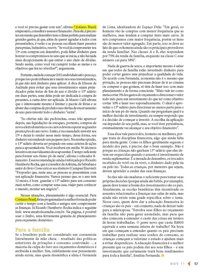 Matéria sobre Cristiano Brasil na revista Invest Mais de 2011