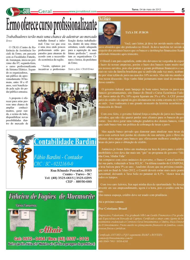Página do Jornal O Sul com matéria sobre Cristiano Brasil em maio de 2012