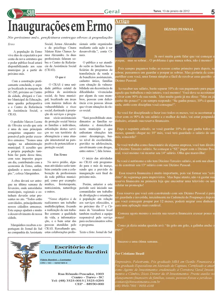 Coluna de Cristiano Brasil no Jornal O Sul em janeiro de 2012