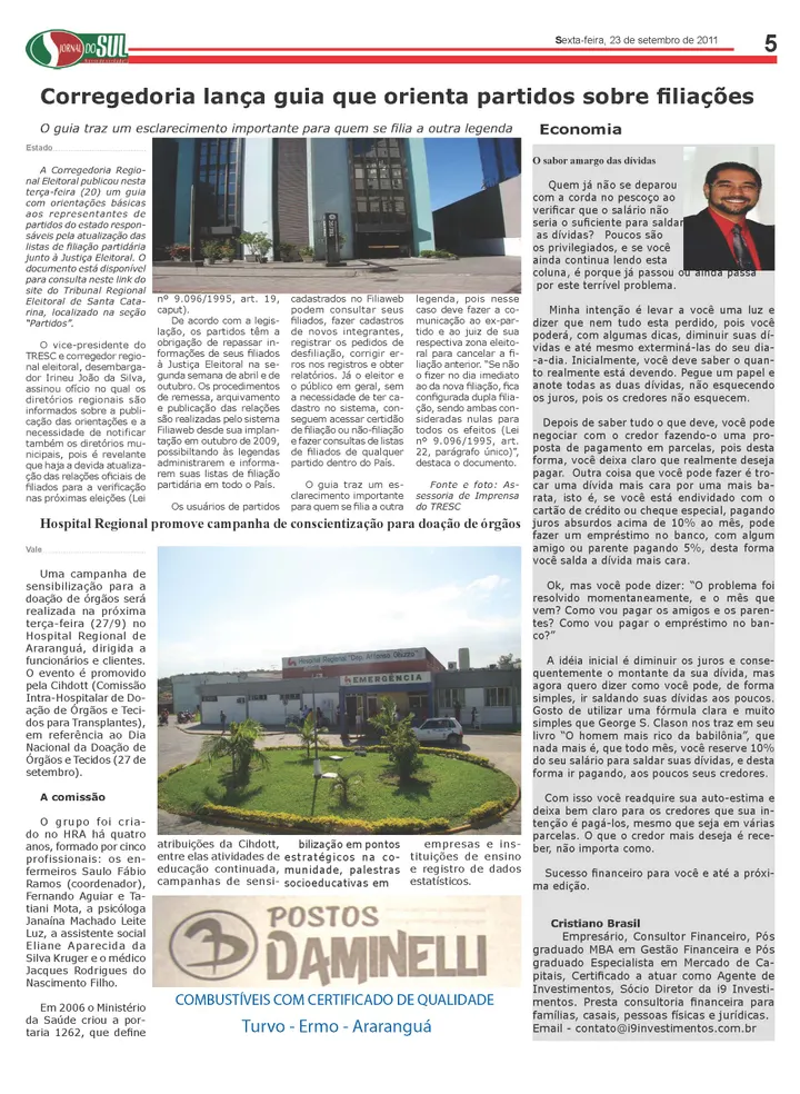 Matéria sobre Cristiano Brasil no Jornal O Sul em setembro de 2011