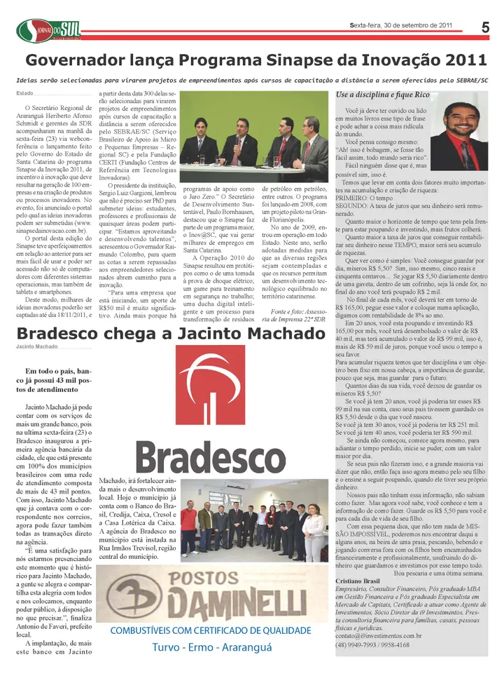 Reportagem de Cristiano Brasil no Jornal O Sul em setembro de 2011