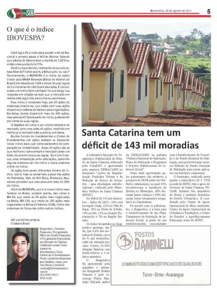 Capa de reportagem com Cristiano Brasil no Jornal O Sul