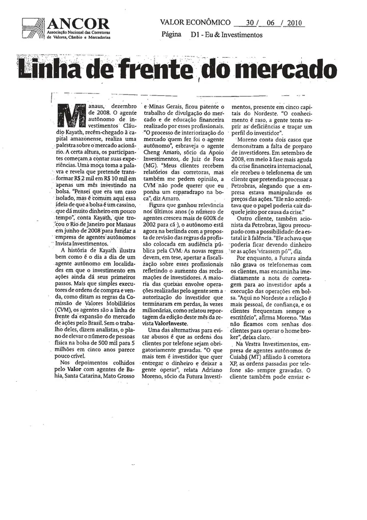 Reportagem sobre Cristiano Brasil no jornal Valor Econômico em junho de 2010
